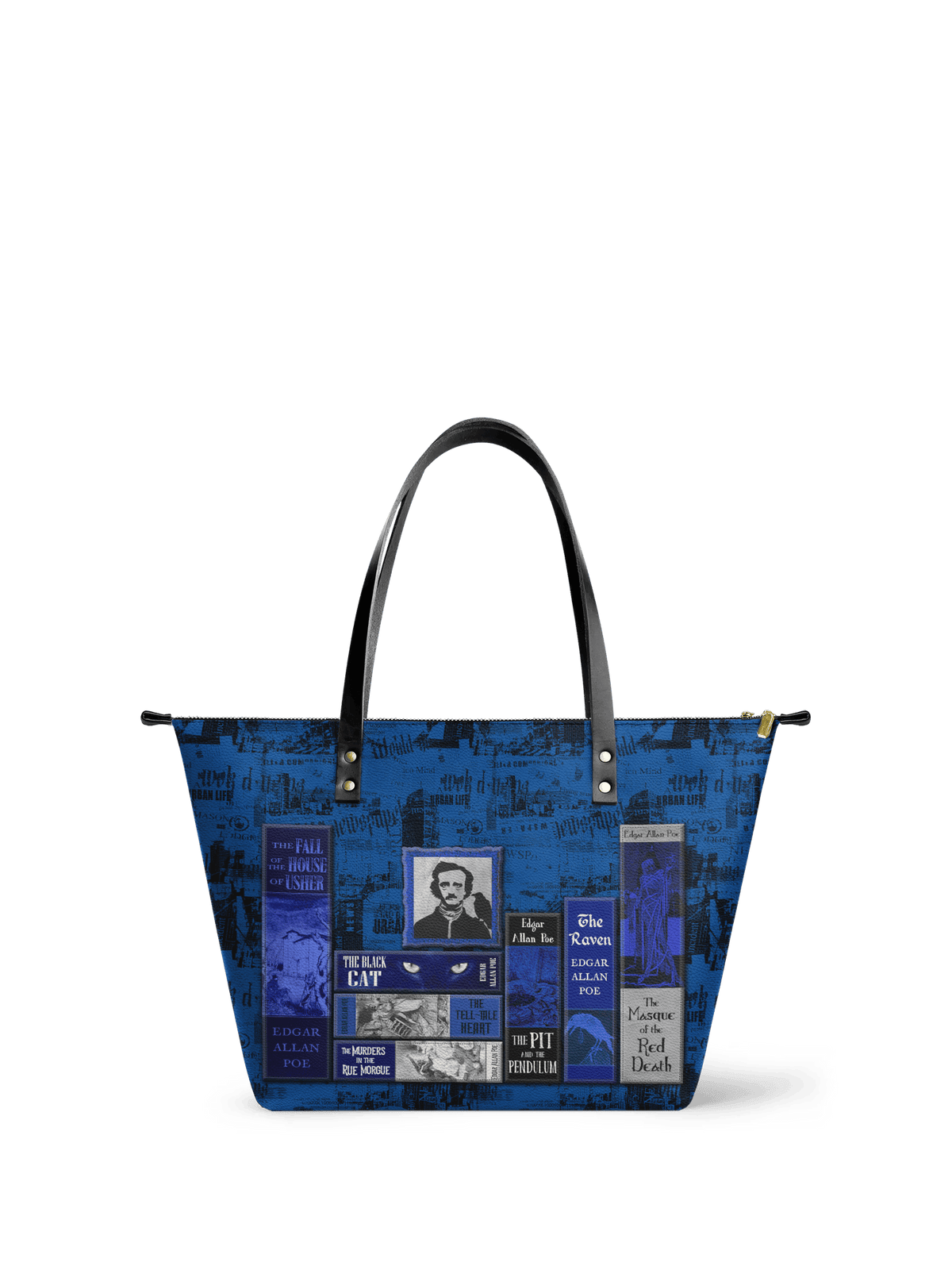 "Poe's Library" Midnight Ink Leather Tote Bag