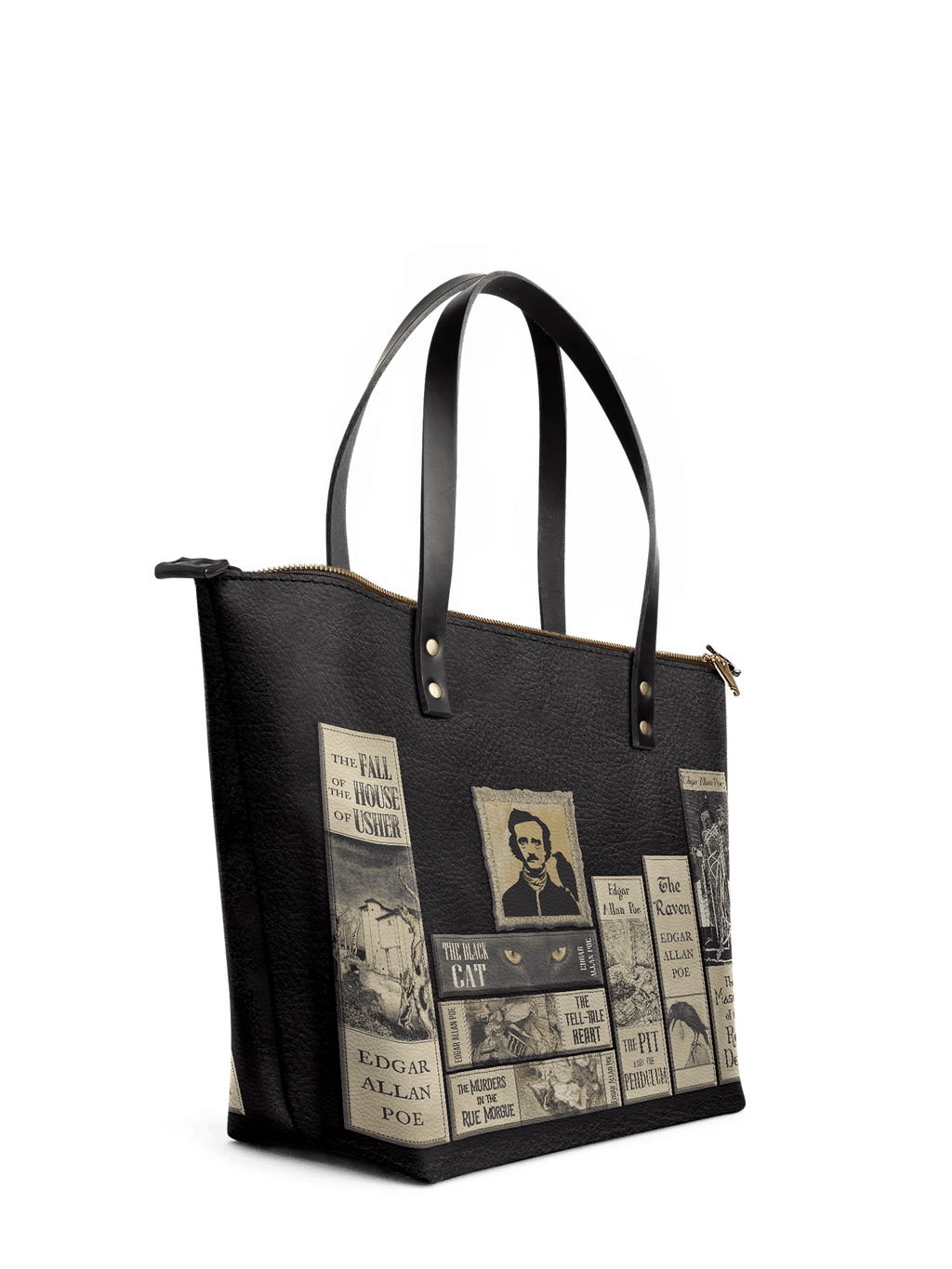 "Poe's Library" Ashen Black Leather Tote Bag