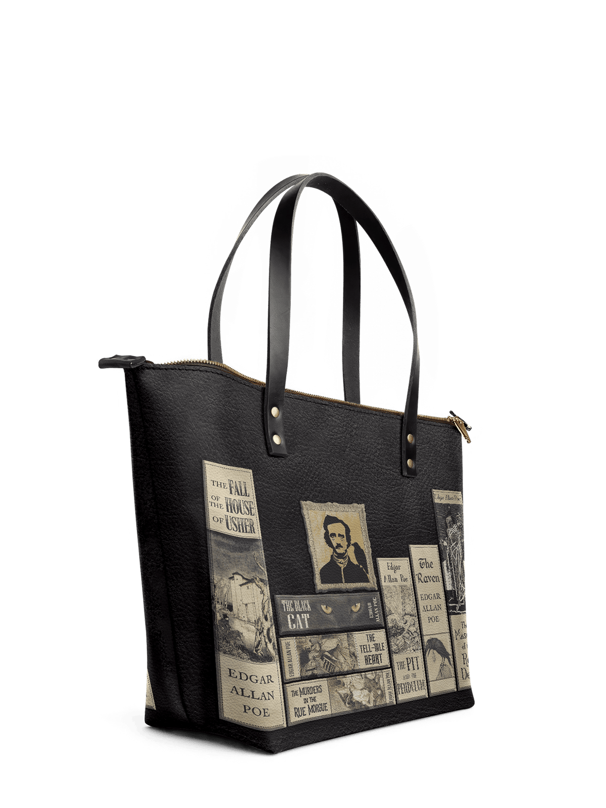 "Poe's Library" Ashen Black Leather Tote Bag