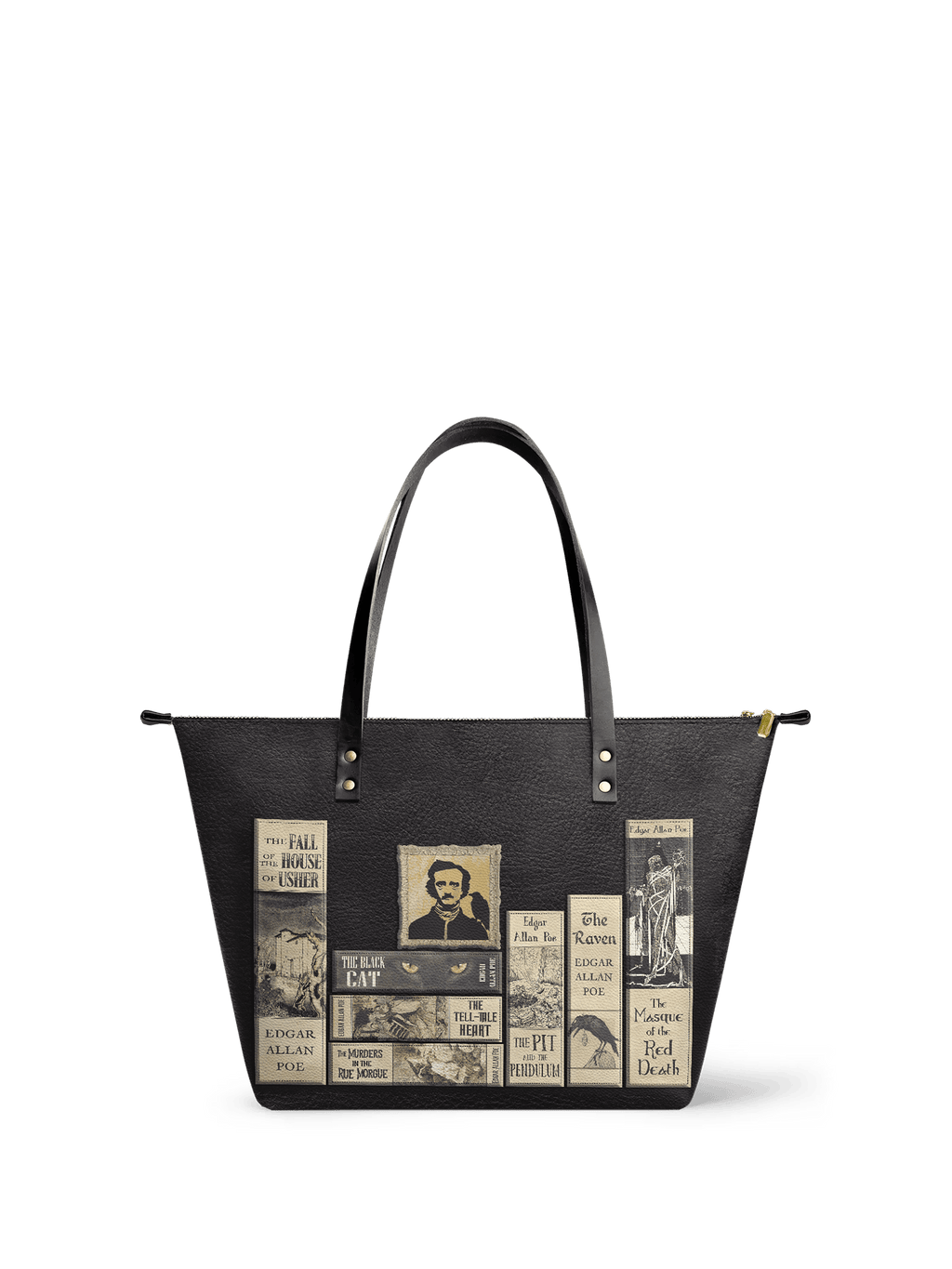 "Poe's Library" Ashen Black Leather Tote Bag