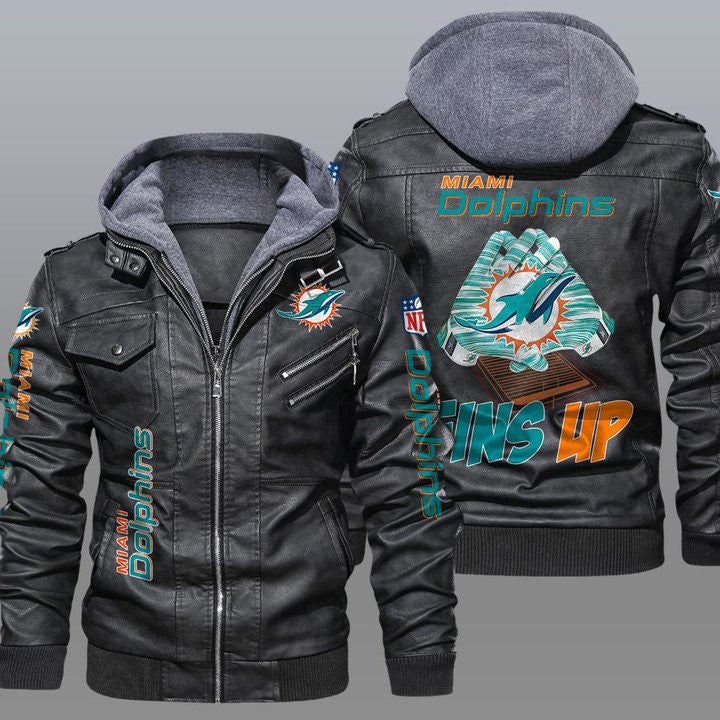 Miami Dolphins Premium & Ultra-Thick Leather Jacket with Fleece Hood 20