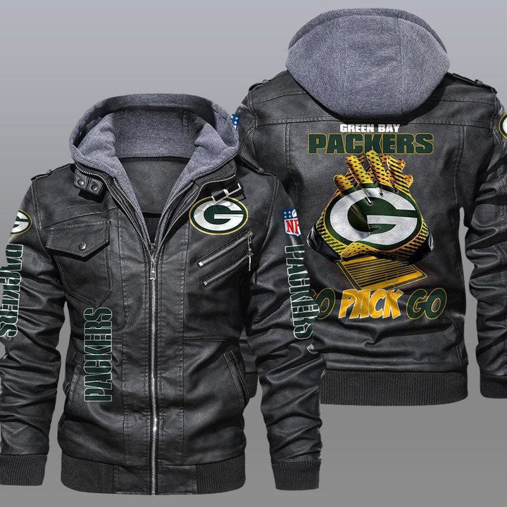 Green Bay Packers Premium & Ultra-Thick Leather Jacket with Fleece Hood 12
