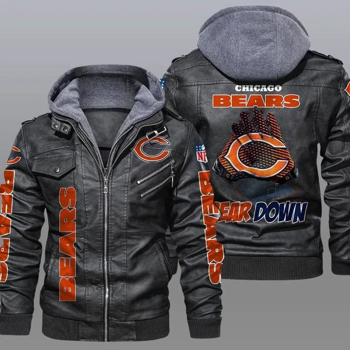 Chicago Bears Premium & Ultra-Thick Leather Jacket with Fleece Hood 06
