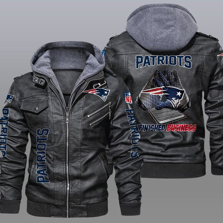 New England Patriots Premium & Ultra-Thick Leather Jacket with Fleece Hood 22