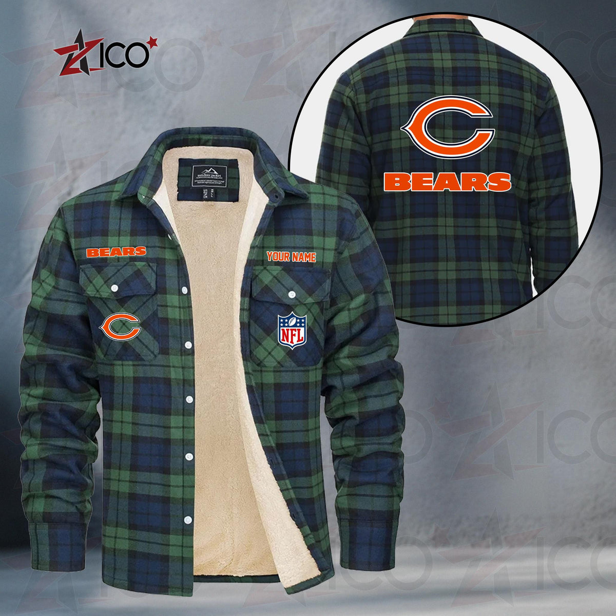 Chicago Bears Fleece Flannel Plaid Jacket TG38