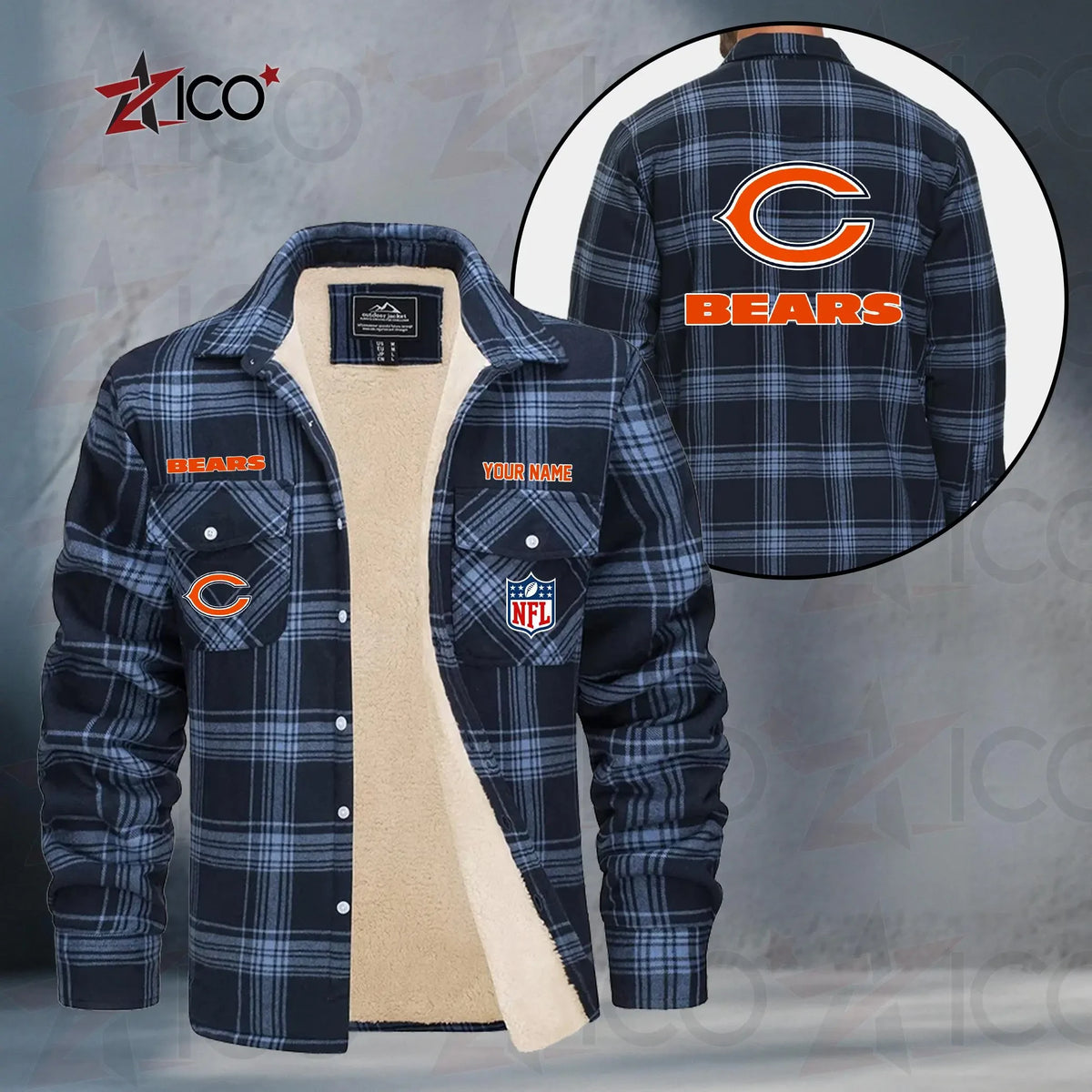 Chicago Bears Fleece Flannel Plaid Jacket TG38