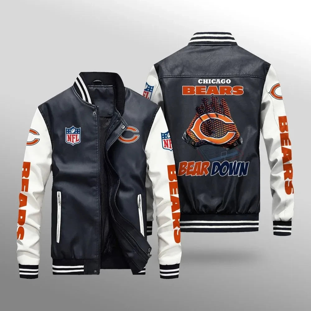 Chicago Bears Premium Fleece-Lined Leather Bomber Jacket BG33