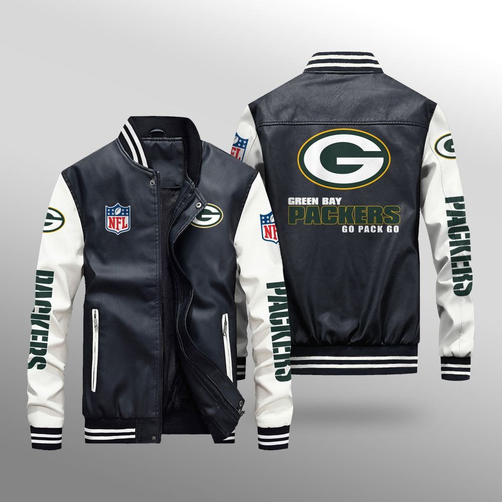 Green Bay Packers Premium Fleece-Lined Leather Bomber Jacket BG24