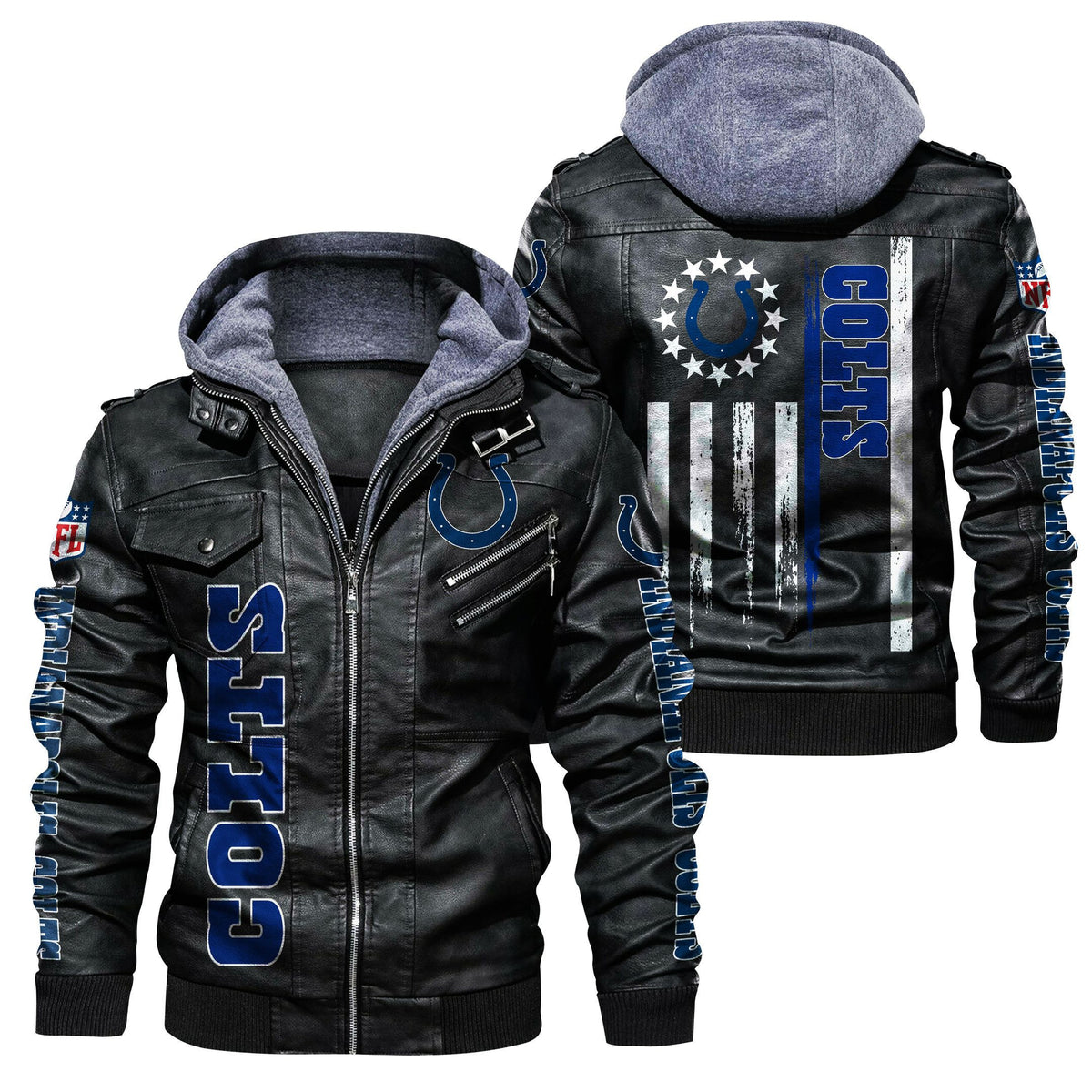 Indianapolis Colts HVKC448 - Premium & Ultra-Thick Leather Jacket with Fleece Hood