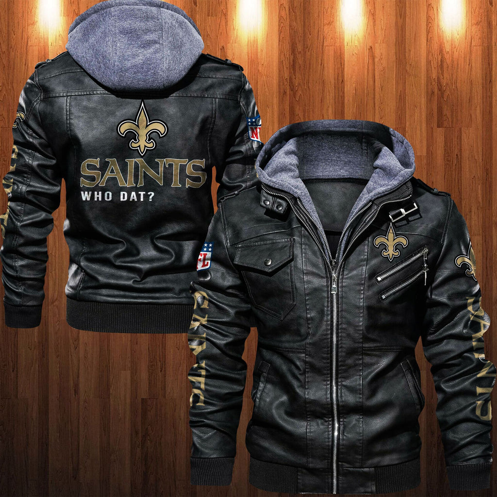 New Orleans Saints HVKC1254 - Premium & Ultra-Thick Leather Jacket with Fleece Hood