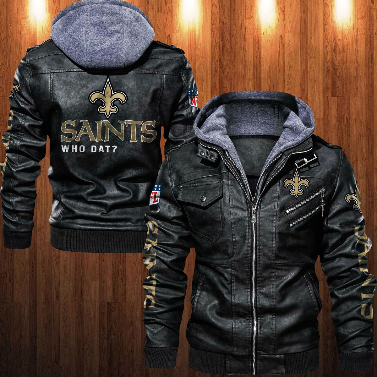 New Orleans Saints HVKC1254 - Premium & Ultra-Thick Leather Jacket with Fleece Hood