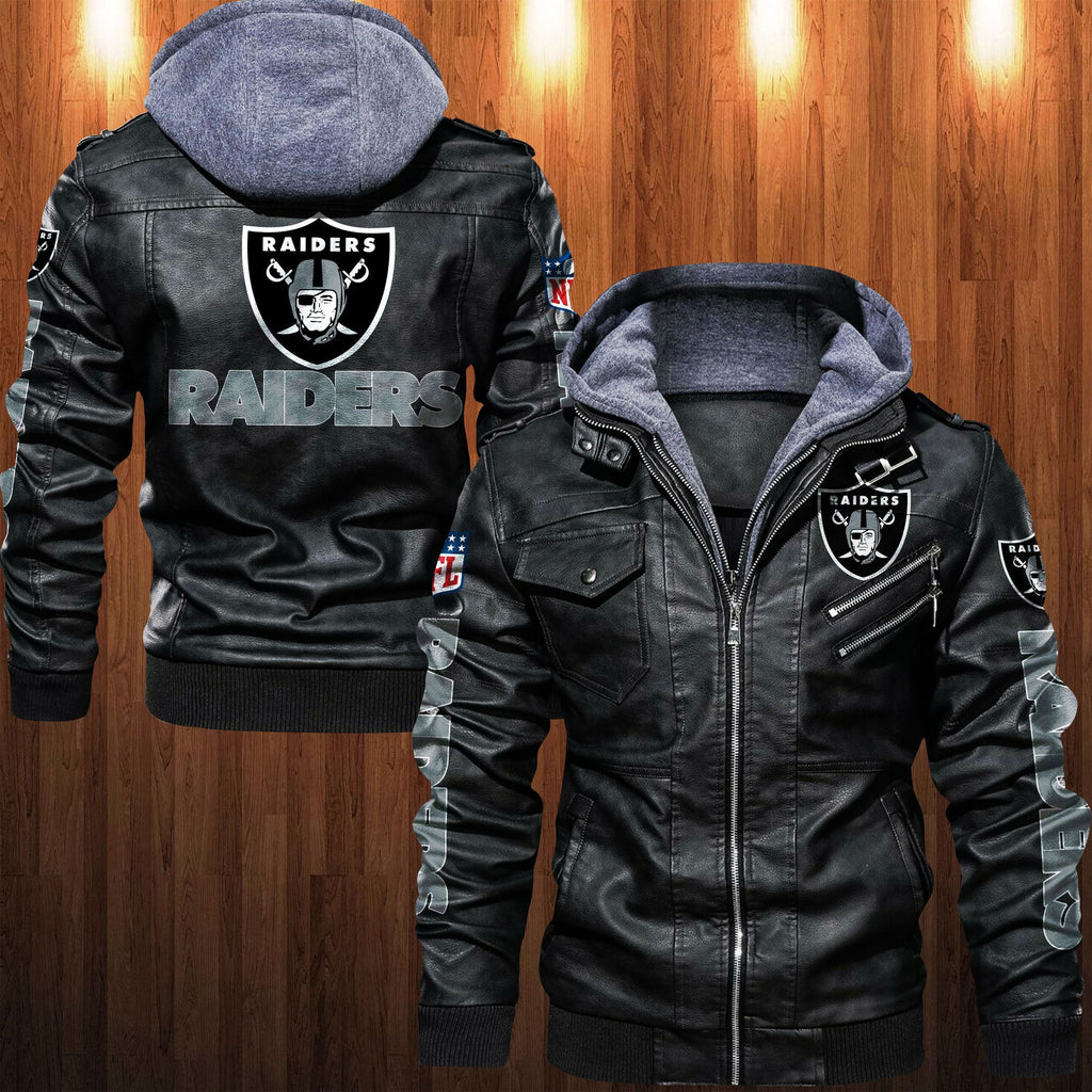 Las Vegas Raiders HVKC1257 - Premium & Ultra-Thick Leather Jacket with Fleece Hood