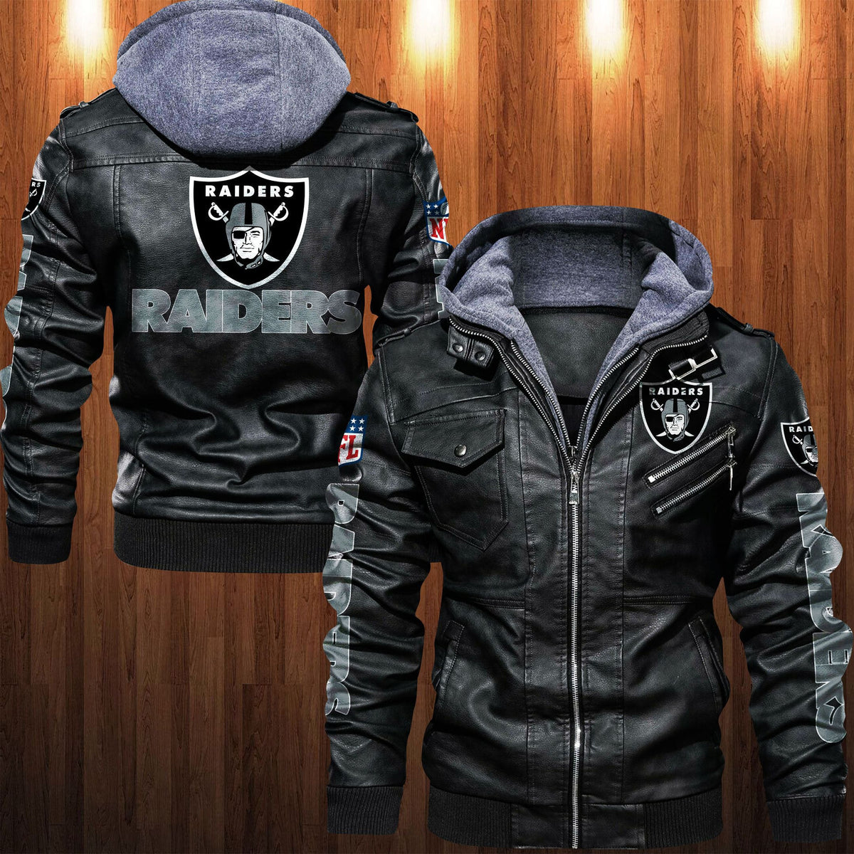 Las Vegas Raiders HVKC1257 - Premium & Ultra-Thick Leather Jacket with Fleece Hood