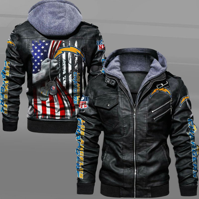 Los Angeles Chargers HVKC7065 - Premium & Ultra-Thick Leather Jacket with Fleece Hood