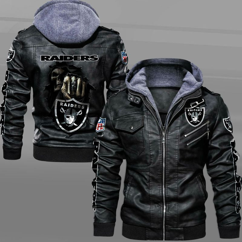 Las Vegas Raiders HVKC1663 - Premium & Ultra-Thick Leather Jacket with Fleece Hood