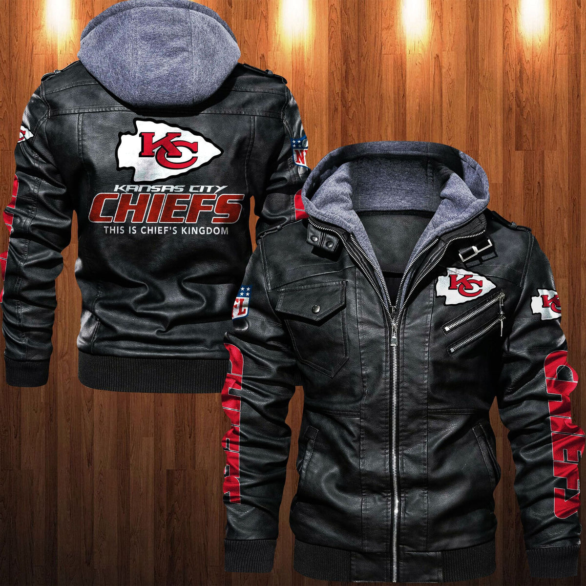 Kansas City Chiefs HVKC1249 - Premium & Ultra-Thick Leather Jacket with Fleece Hood
