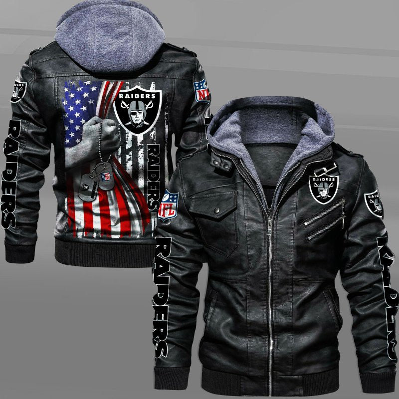 Las Vegas Raiders HVKC7073 - Premium & Ultra-Thick Leather Jacket with Fleece Hood