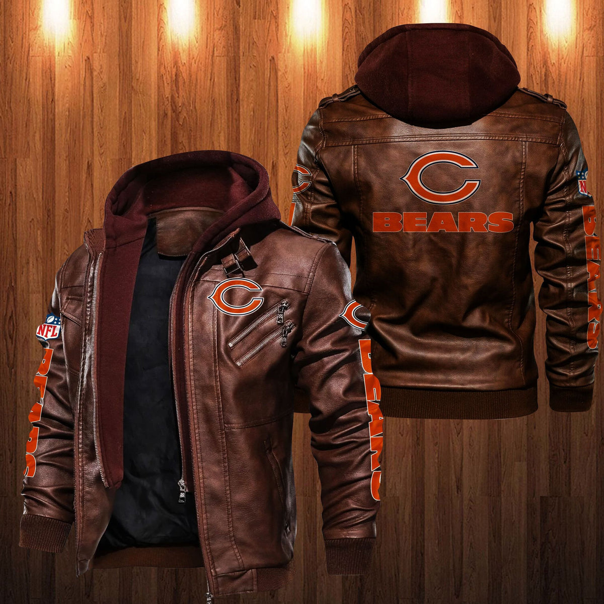 Chicago Bears HVKC1239 - Premium & Ultra-Thick Leather Jacket with Fleece Hood