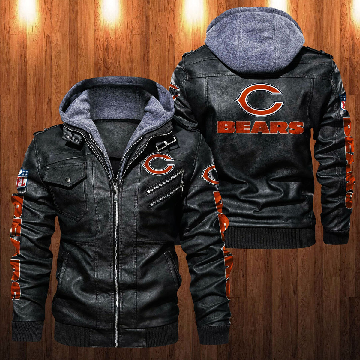 Chicago Bears HVKC1239 - Premium & Ultra-Thick Leather Jacket with Fleece Hood