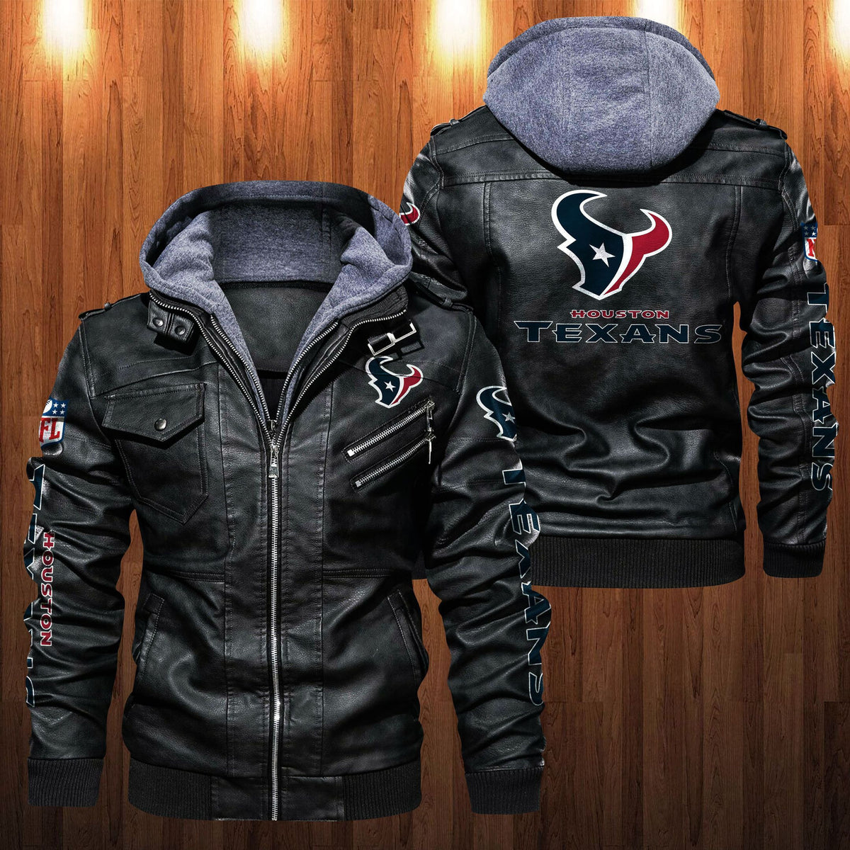 Houston Texans HVKC1246 - Premium & Ultra-Thick Leather Jacket with Fleece Hood