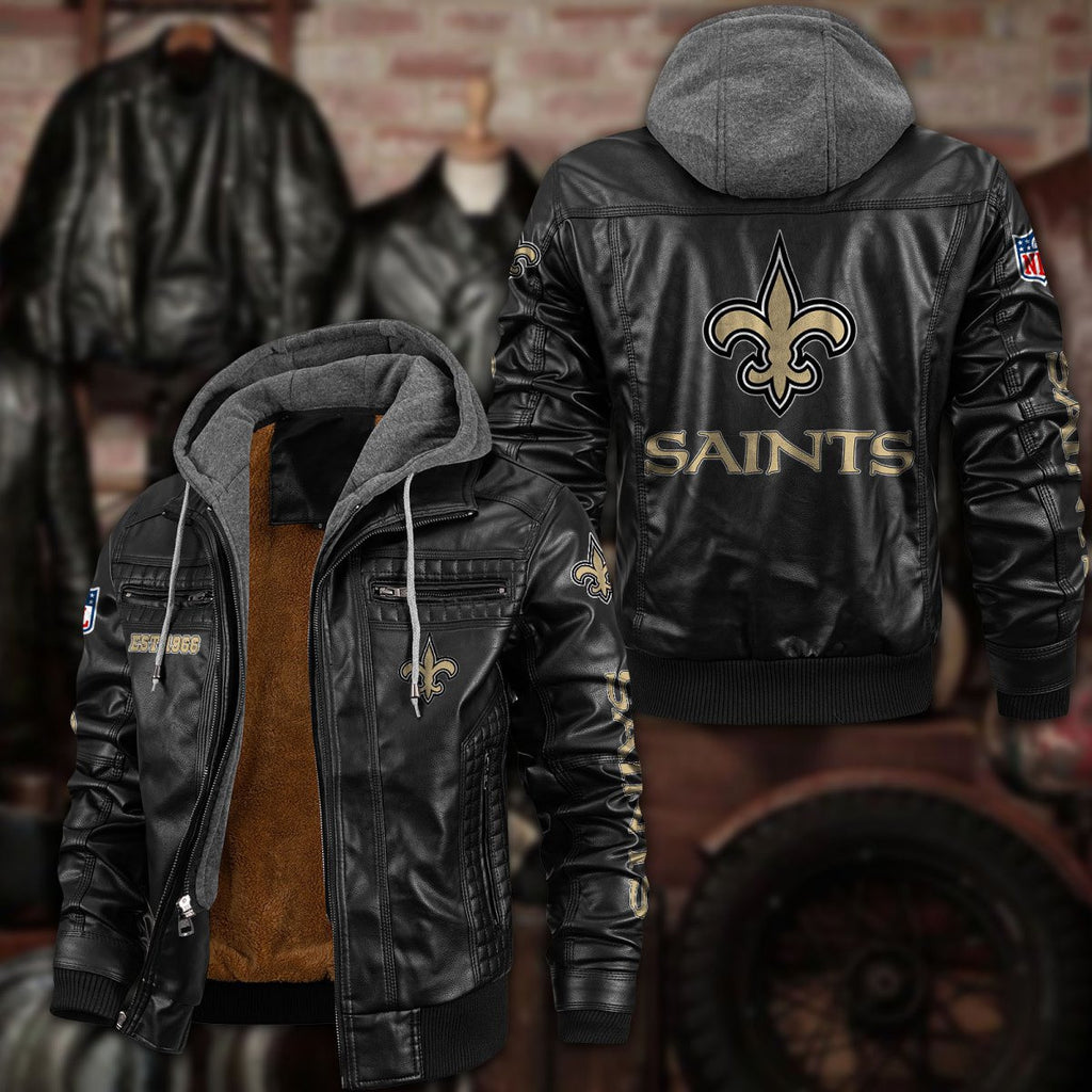 Premium & Ultra-Thick Leather Jacket with Fleece Hood - New Orleans Saints PHVKC022