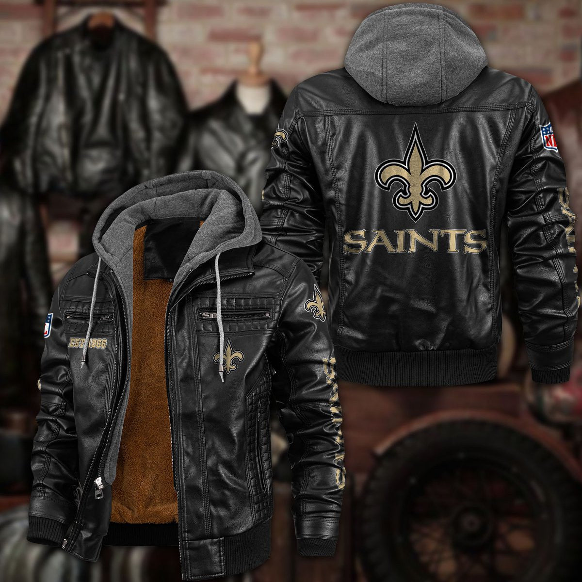 Premium & Ultra-Thick Leather Jacket with Fleece Hood - New Orleans Saints PHVKC022