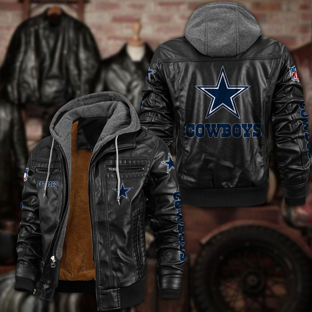 Premium & Ultra-Thick Leather Jacket with Fleece Hood - Dallas Cowboys PHVKC009