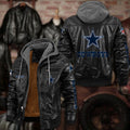Premium & Ultra-Thick Leather Jacket with Fleece Hood - Dallas Cowboys PHVKC009