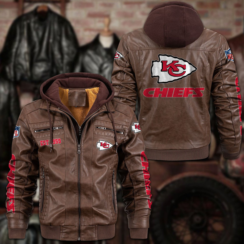 Premium & Ultra-Thick Leather Jacket with Fleece Hood - Kansas City Chiefs PHVKC016