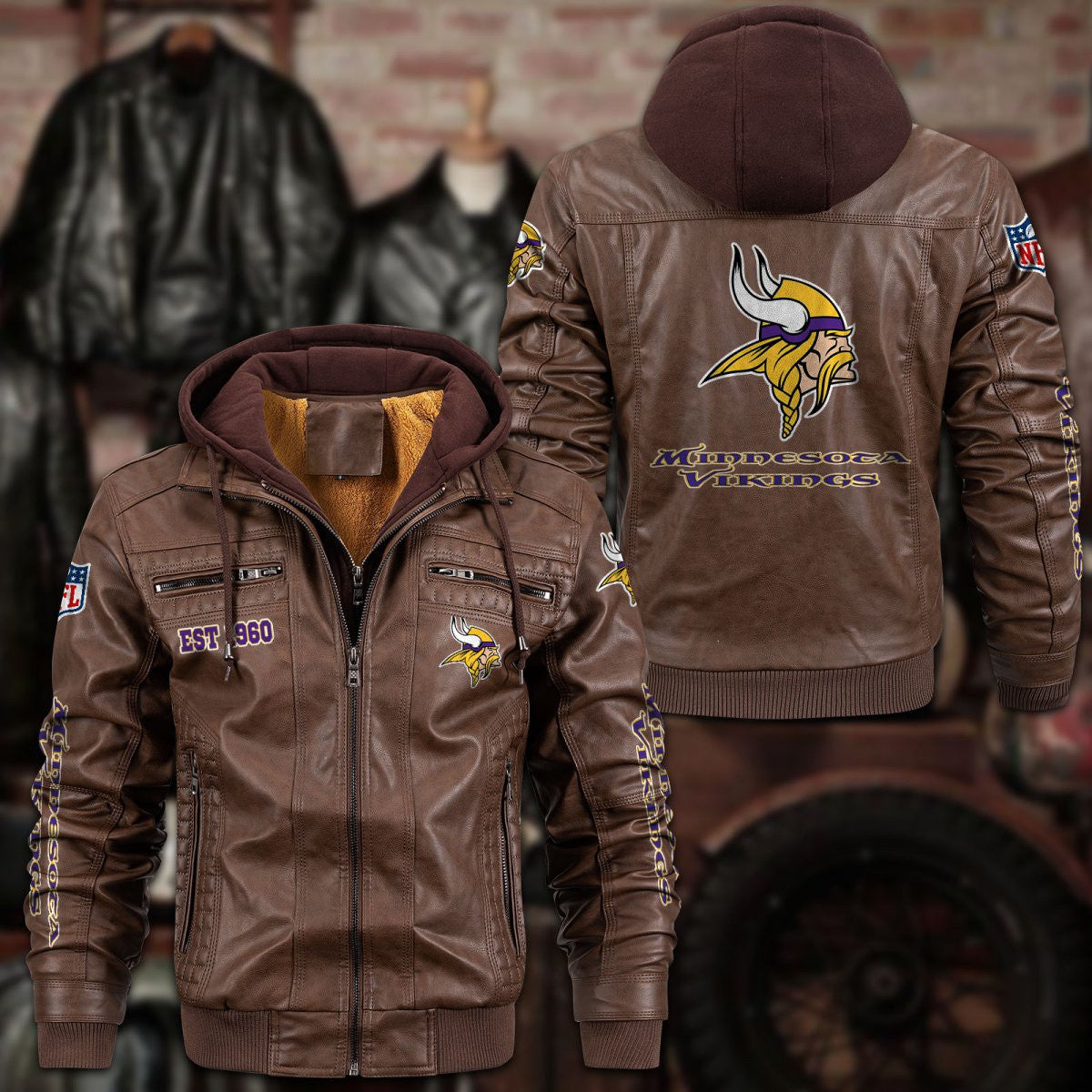Premium & Ultra-Thick Leather Jacket with Fleece Hood - Minnesota Vikings PHVKC020