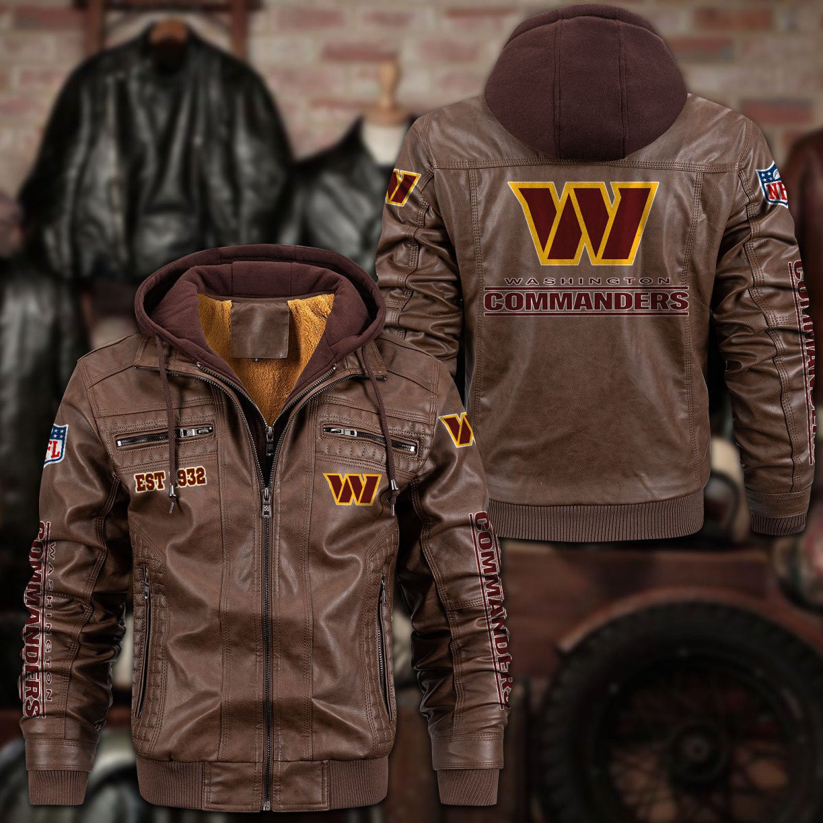Premium & Ultra-Thick Leather Jacket with Fleece Hood - Washington Football Team PHVKC032