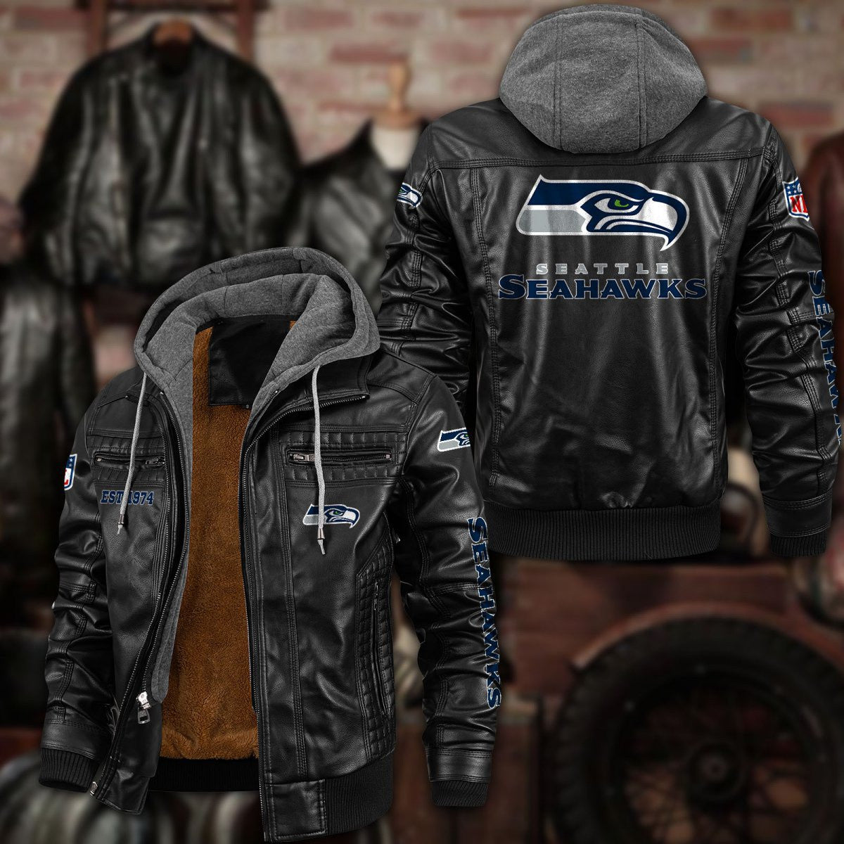 Premium & Ultra-Thick Leather Jacket with Fleece Hood - Seattle Seahawks PHVKC029