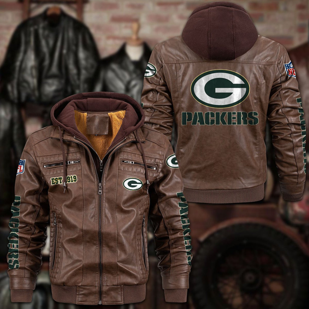 Premium & Ultra-Thick Leather Jacket with Fleece Hood - Green Bay Packers PHVKC012