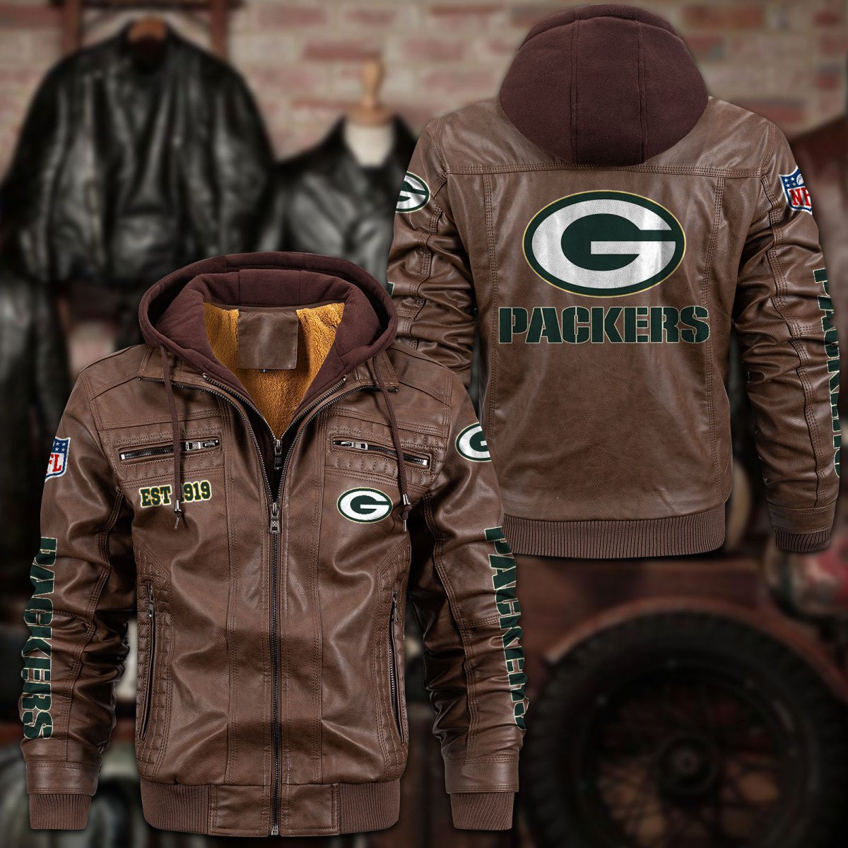 Premium & Ultra-Thick Leather Jacket with Fleece Hood - Green Bay Packers PHVKC012