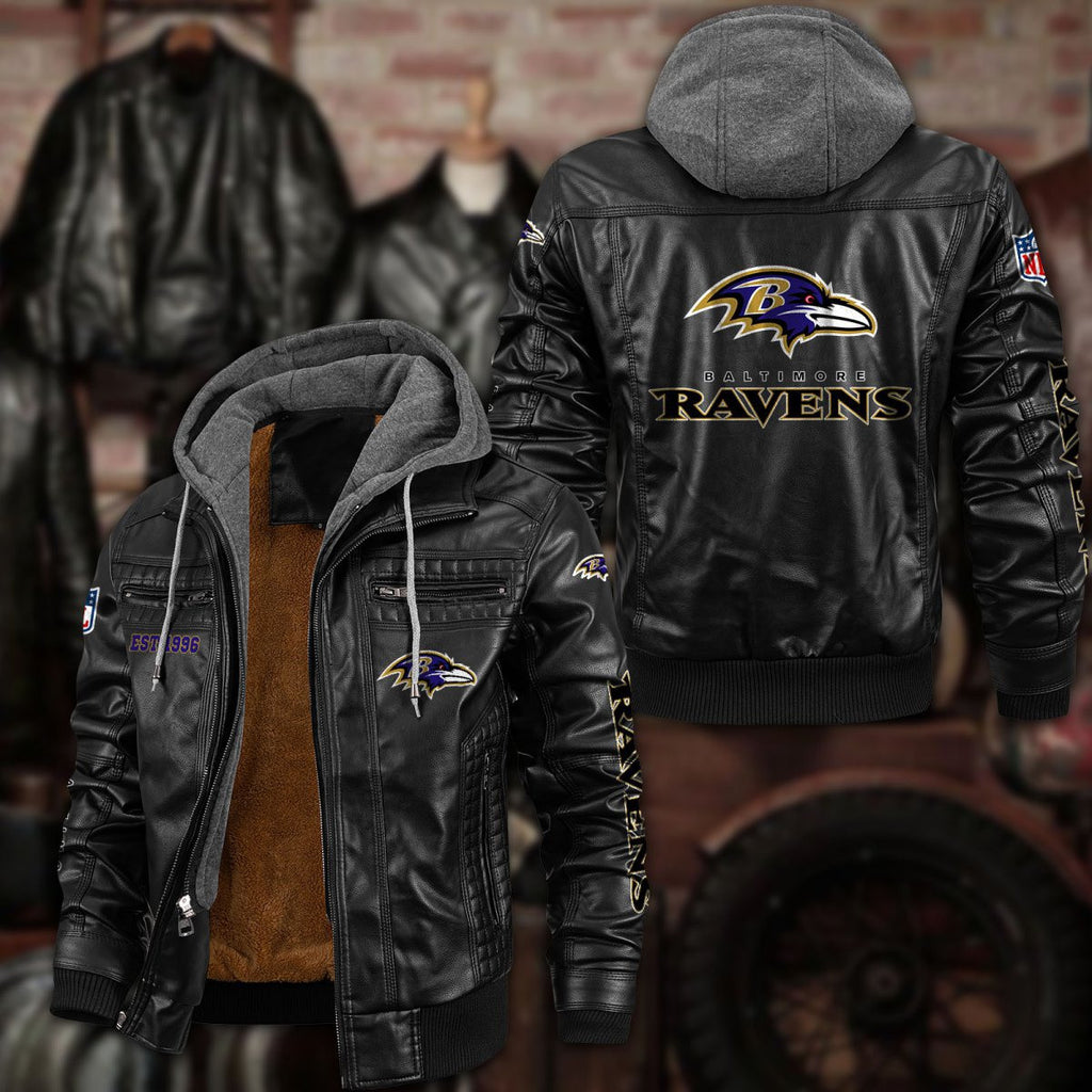 Premium & Ultra-Thick Leather Jacket with Fleece Hood - Baltimore Ravens PHVKC003