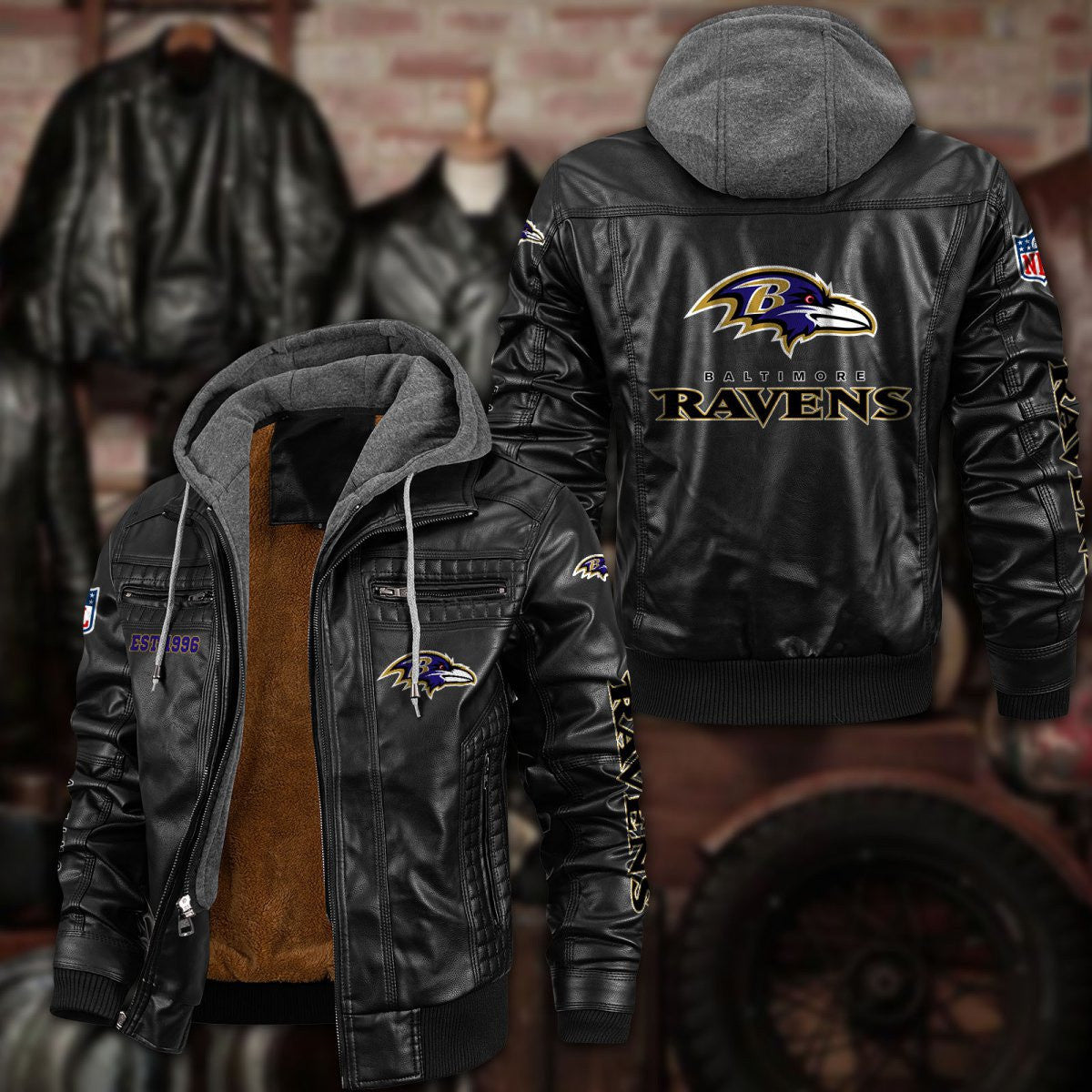 Premium & Ultra-Thick Leather Jacket with Fleece Hood - Baltimore Ravens PHVKC003