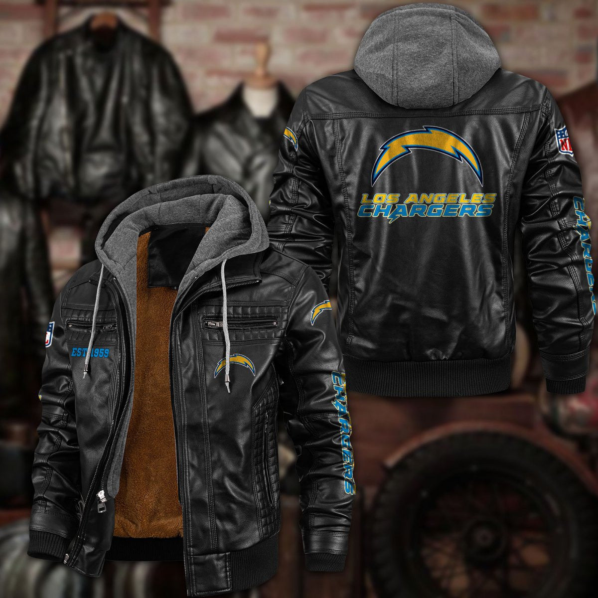 Premium & Ultra-Thick Leather Jacket with Fleece Hood - Los Angeles Chargers PHVKC017