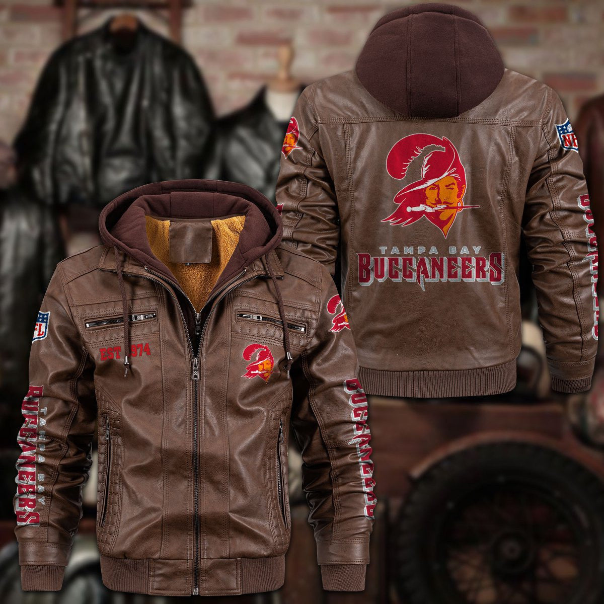 Premium & Ultra-Thick Leather Jacket with Fleece Hood - Tampa Bay Buccaneers PHVKC030
