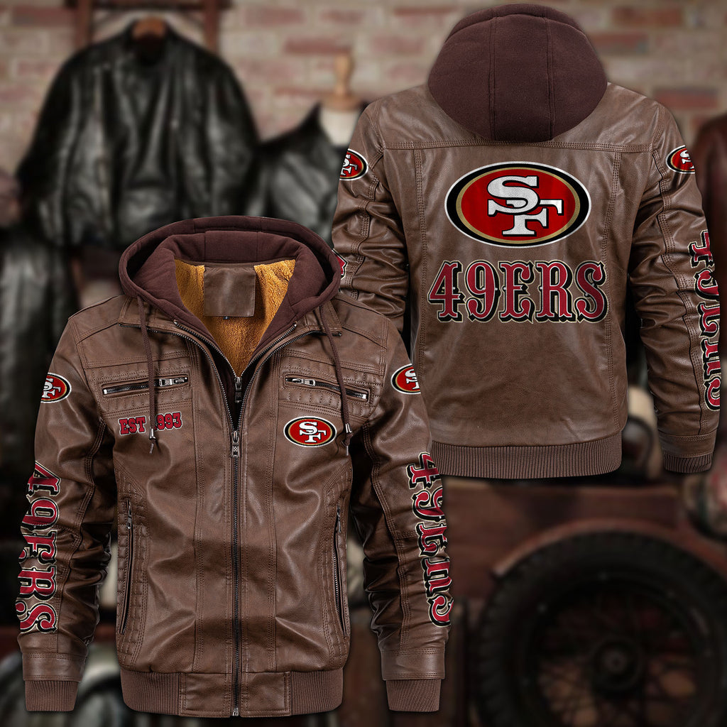 Premium & Ultra-Thick Leather Jacket with Fleece Hood - San Francisco 49ers PHVKC028