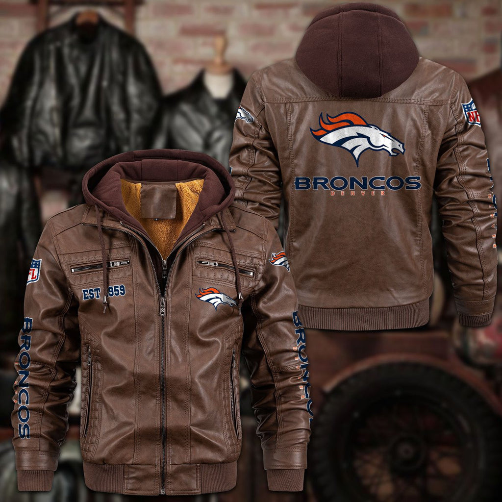 Premium & Ultra-Thick Leather Jacket with Fleece Hood - Denver Broncos PHVKC010