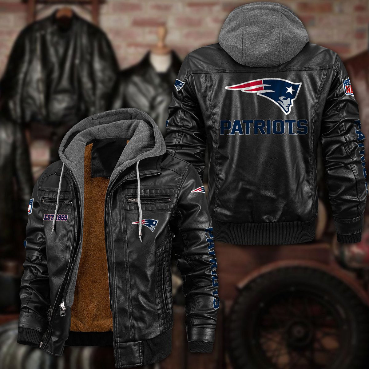 Premium & Ultra-Thick Leather Jacket with Fleece Hood - New England Patriots PHVKC021