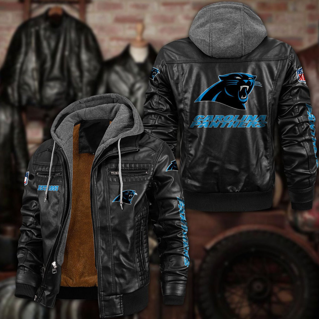 Premium & Ultra-Thick Leather Jacket with Fleece Hood - Carolina Panthers PHVKC005