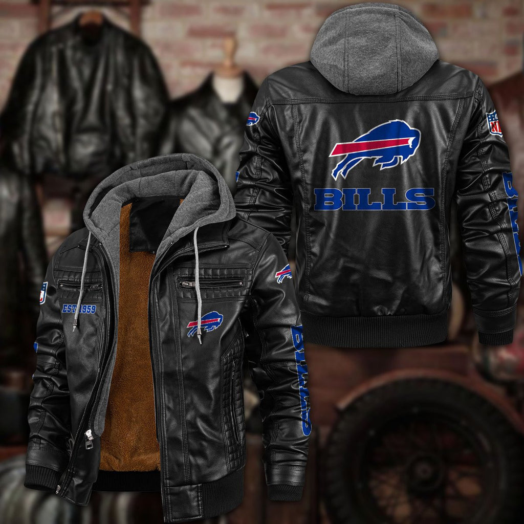 Premium & Ultra-Thick Leather Jacket with Fleece Hood - Buffalo Bills PHVKC004