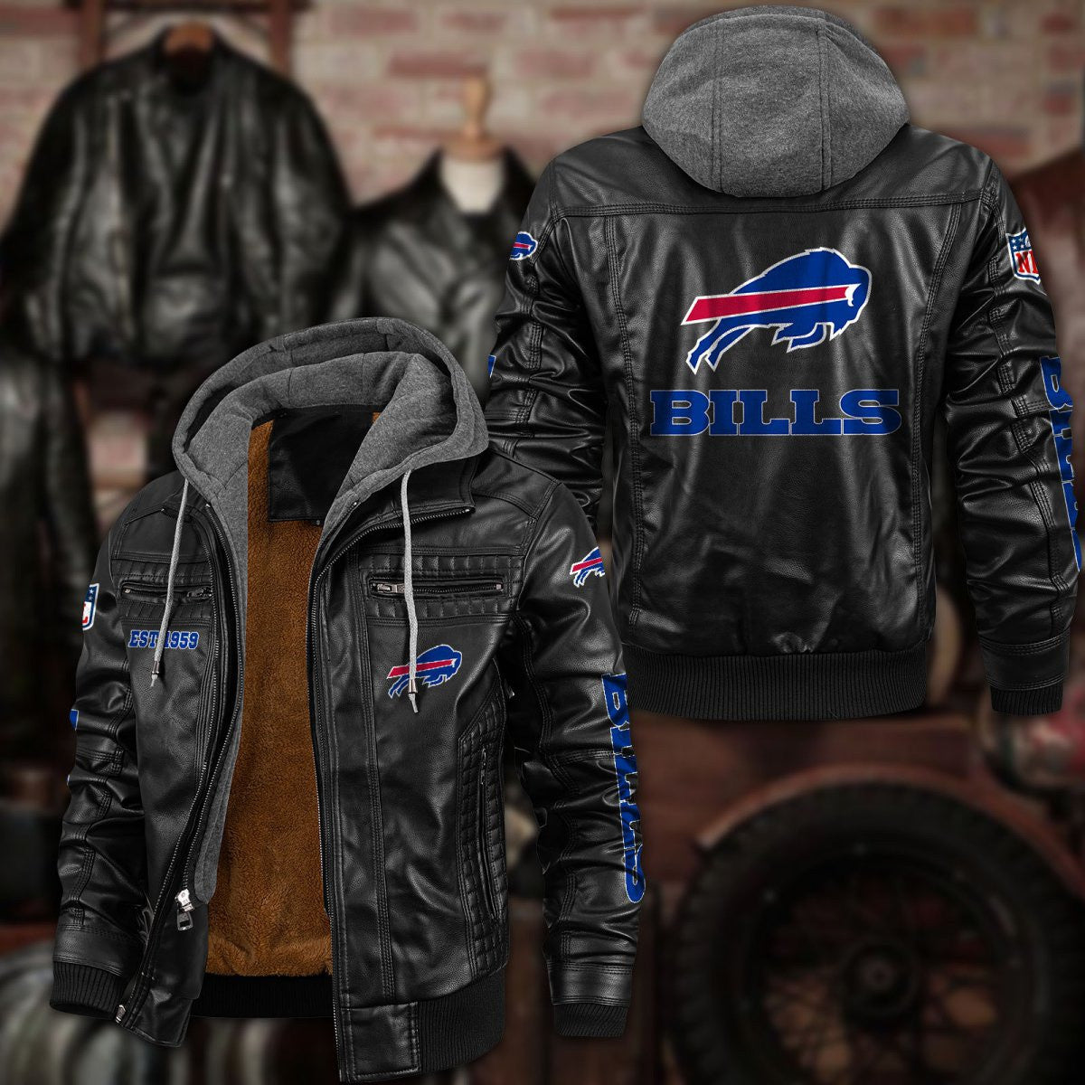 Premium & Ultra-Thick Leather Jacket with Fleece Hood - Buffalo Bills PHVKC004