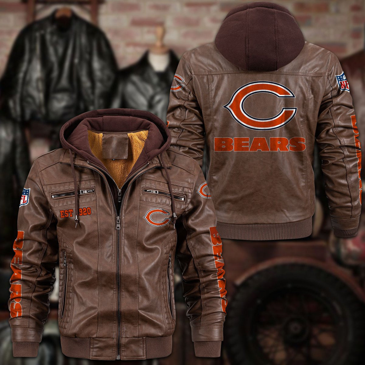 Premium & Ultra-Thick Leather Jacket with Fleece Hood - Chicago Bears PHVKC006