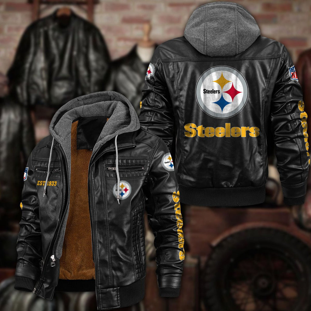 Premium & Ultra-Thick Leather Jacket with Fleece Hood - Pittsburgh Steelers PHVKC027