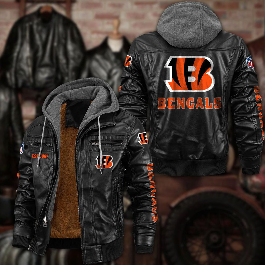 Premium & Ultra-Thick Leather Jacket with Fleece Hood - Cincinnati Bengals PHVKC007