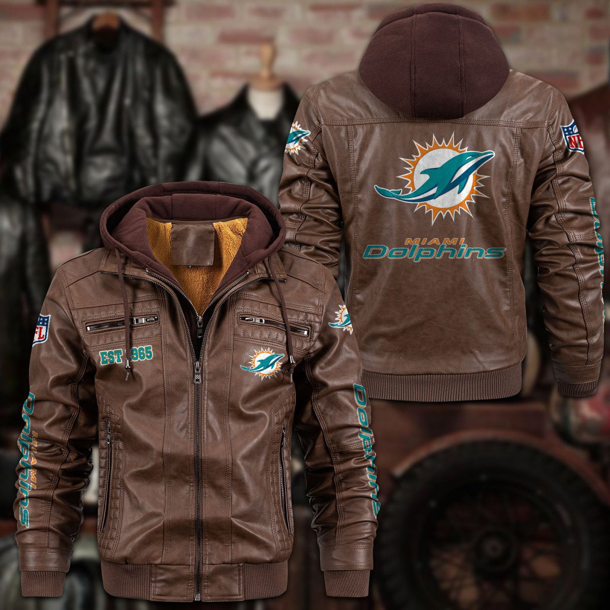Premium & Ultra-Thick Leather Jacket with Fleece Hood - Miami Dolphins PHVKC019