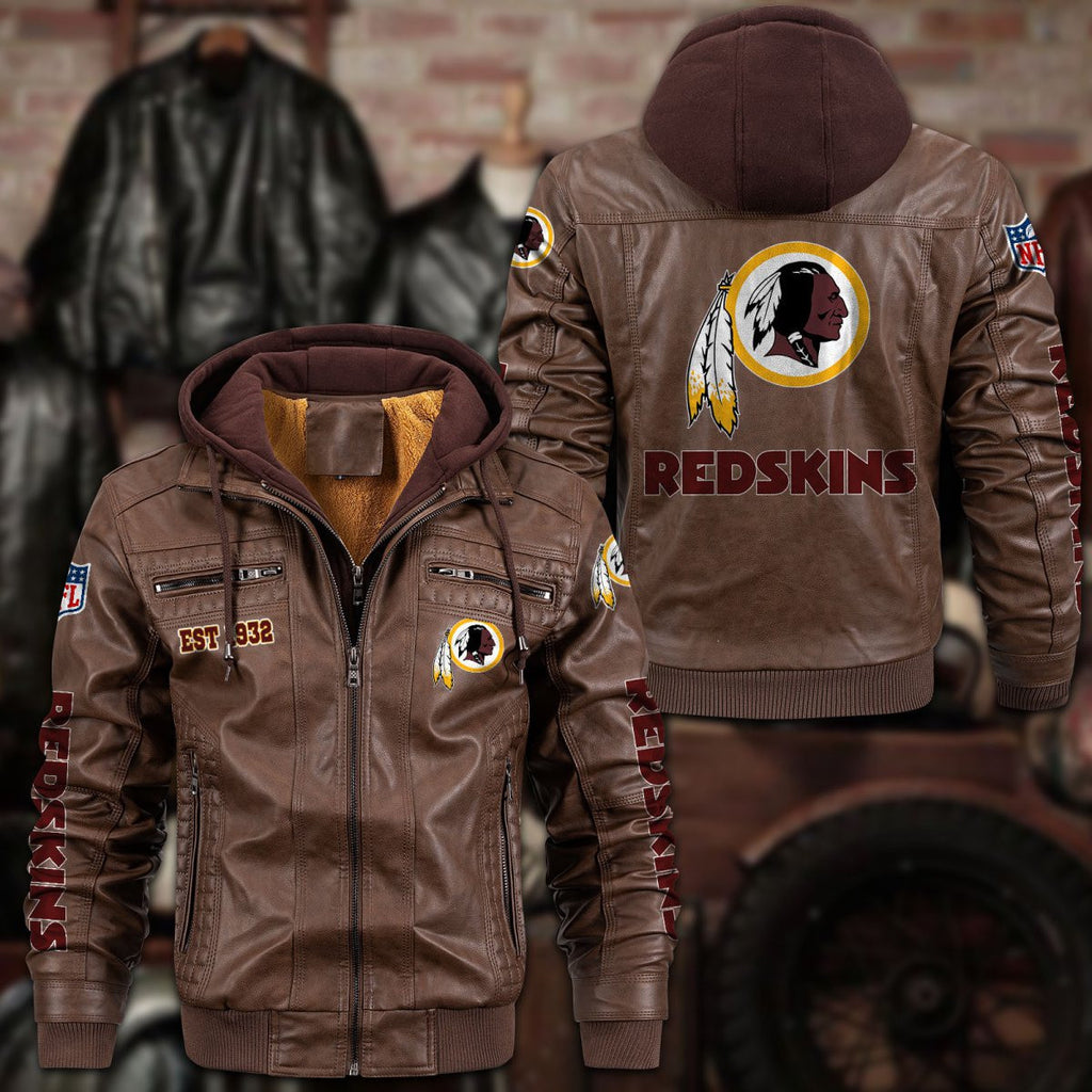 Premium & Ultra-Thick Leather Jacket with Fleece Hood - Washington Football Team PHVKC033