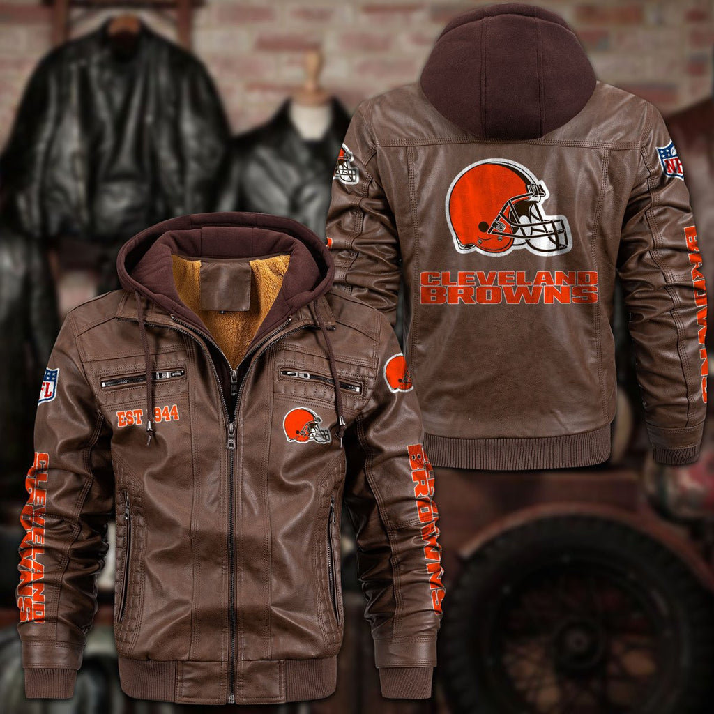 Premium & Ultra-Thick Leather Jacket with Fleece Hood - Cleveland Browns PHVKC008